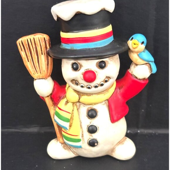 VINTAGE Hand-Painted Earthenware Snowman Ornament w Broom Bluebird Traditional - Picture 2 of 14